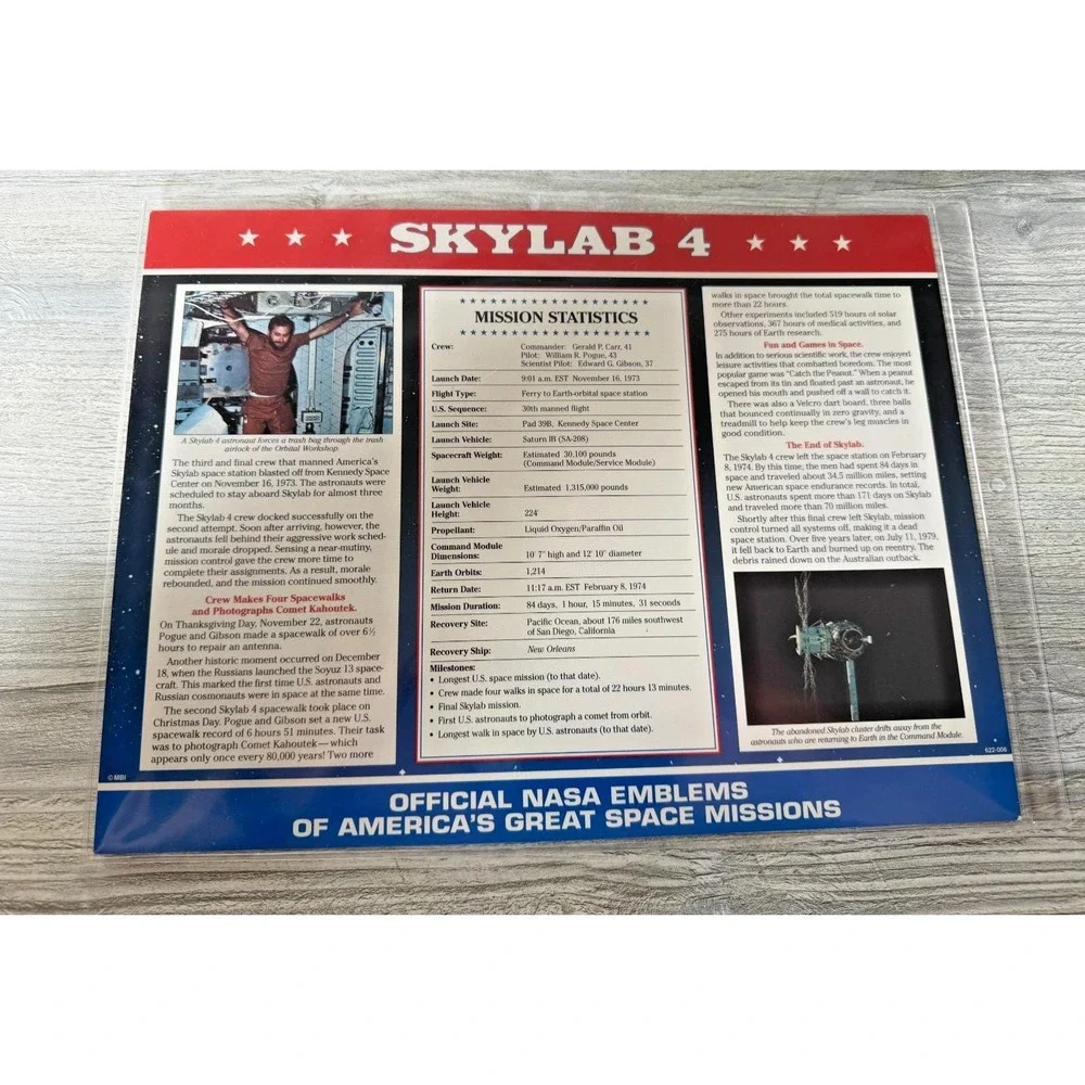3 Vtg Official NASA Emblem Patch SKYLAB 2, 3 & 4 With Mission Data Card Facts